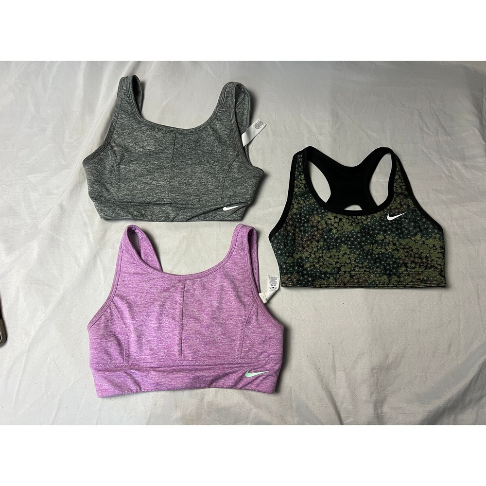 Nike Pro Sports Bra Bundle 3 Pack Med Grey Purple Green Floral Athleisure Sporty